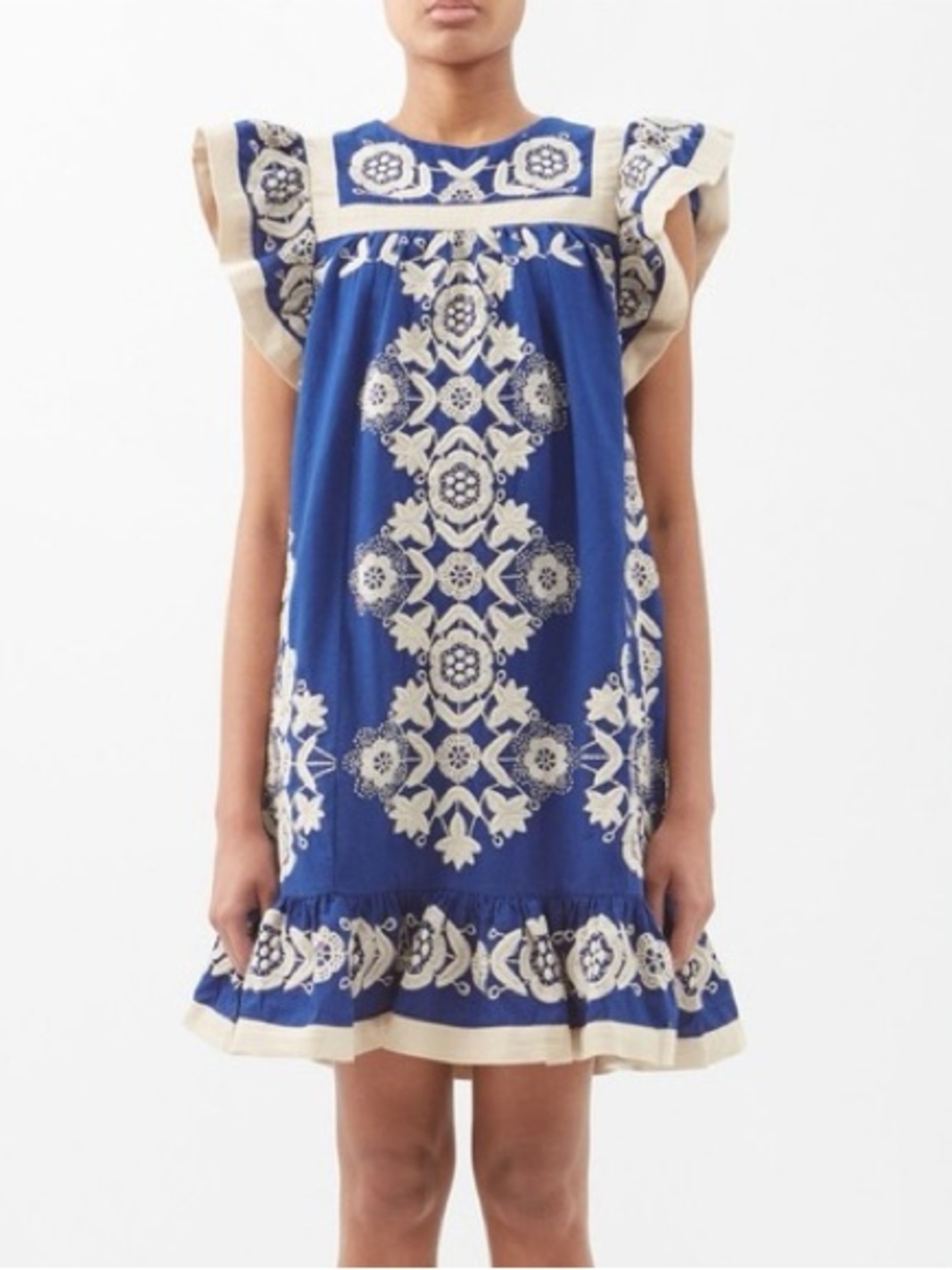Sea New York Royal Blue Shift Dress with Cream Embroidery